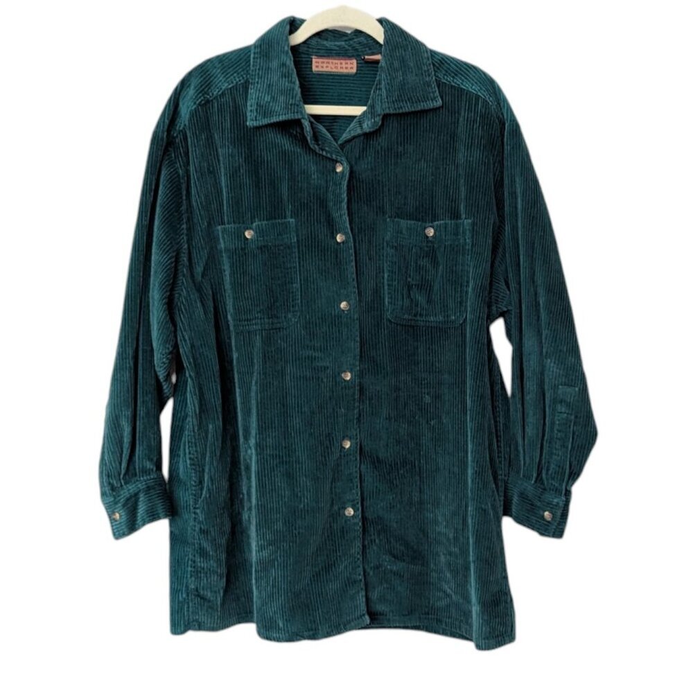 VTG Dark Green Teal Long Sleeve Corduroy Button Up Collared Shacket Shirt Jacket